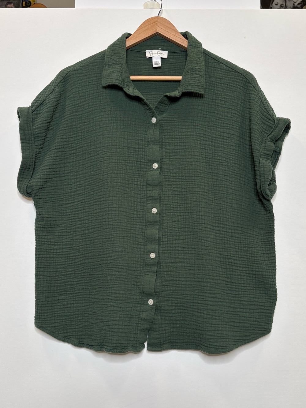 Jessica Simpson Cotton Gauze Short Sleeve Shirt Womens Size Large Forest Green - Picture 3 of 10